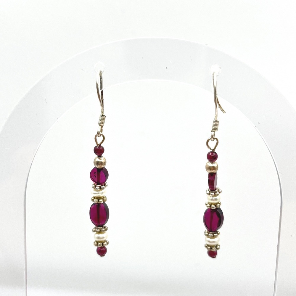 Sterling Silver Magenta Garnet Bead Pearl Drop Earrings French Wire Dangle